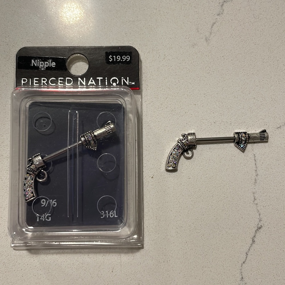 Nipple ring, gun with rhinestones, 316L 14G, 1 new, 1 used, 2 total